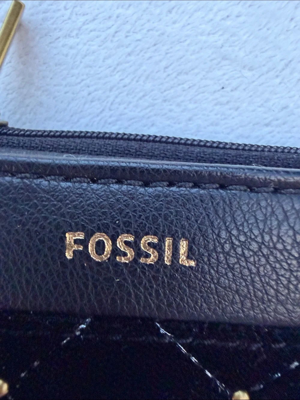 Fossil Black Quilted Zip Coin Wallet with Gold Accents